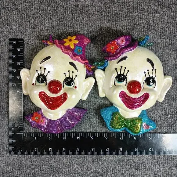 Clown Wall Plaques Ceramic Face Heads Colorful Circus Carnival Decor Pair Set - Picture 2 of 13
